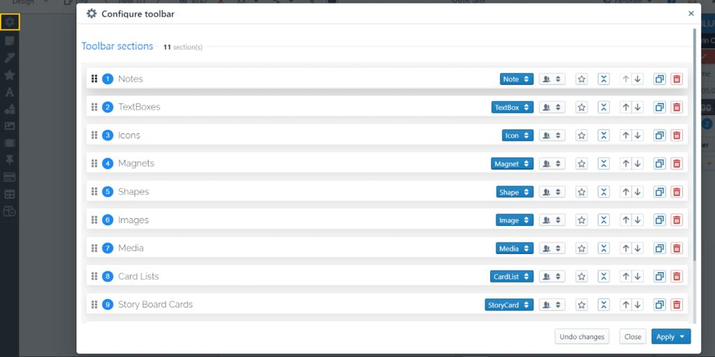 Toolbar sections configuration screen