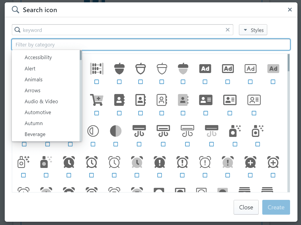 Filter the icon list