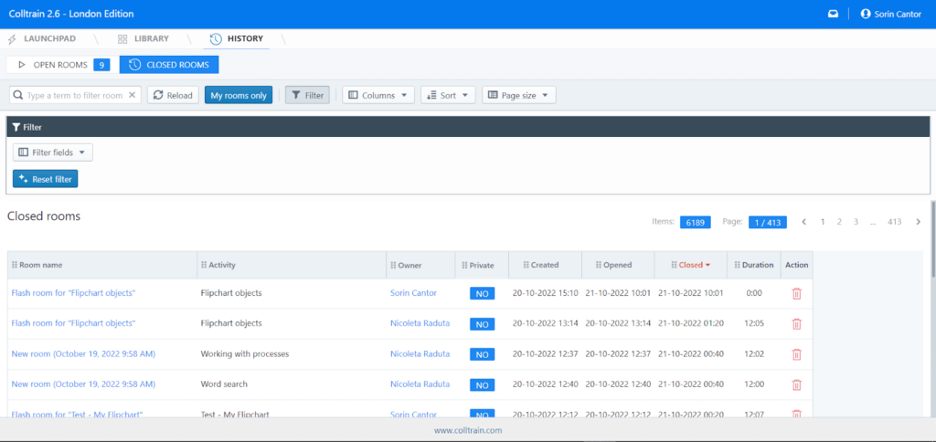 Activity history panel